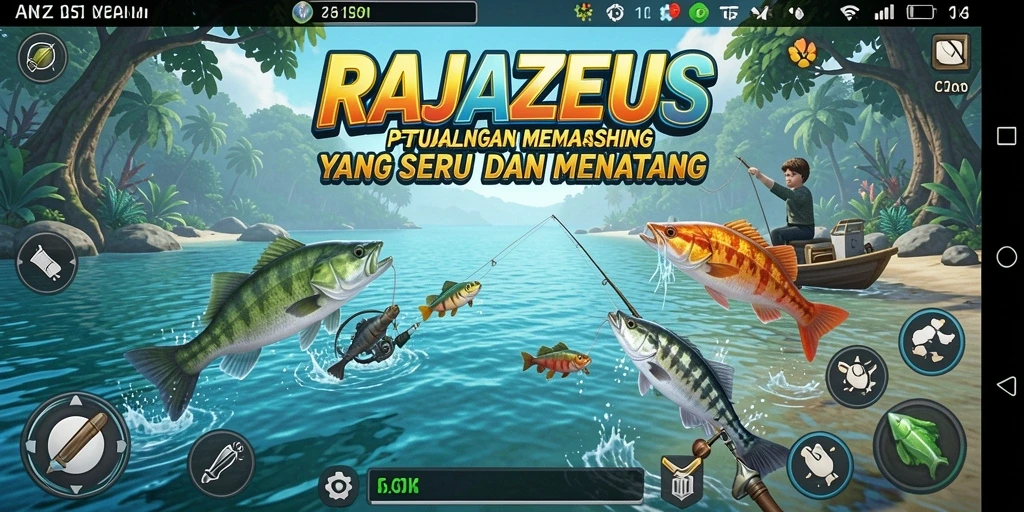 Screenshot gameplay RAJAZEUS menampilkan aksi memancing yang mendebarkan.